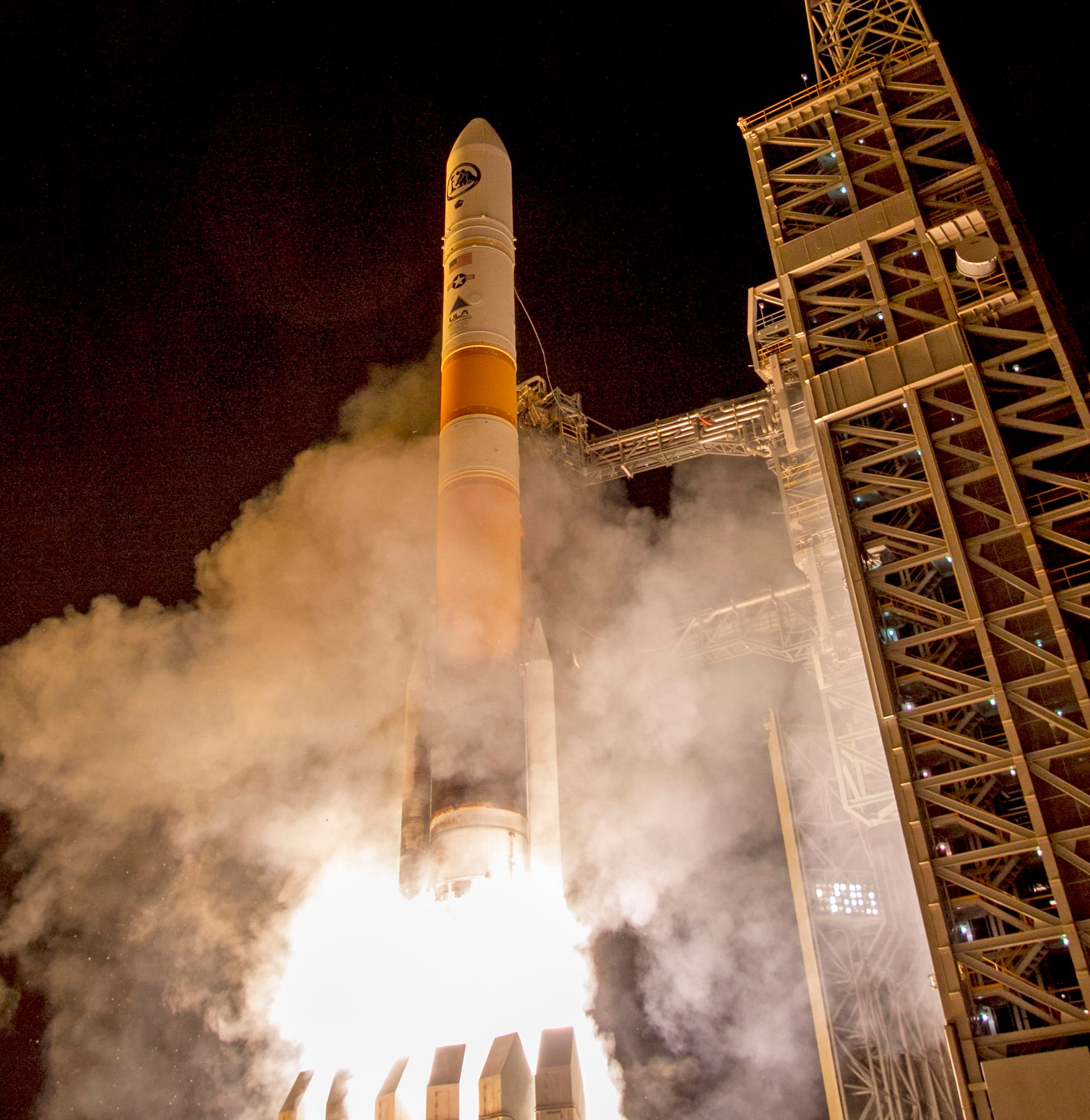 A United Launch Alliance Delta IV Medium+ (5,2) rocket successfully delivered a satellite, designated NROL-45, to orbit for the National Reconnaissance Office. Aided by a pair of side-mounted solid rocket motors and a liquid hydrogen-fueled RS-68 main engine, the 217-foot-tall orange and white two-stage Delta IV lifted off under more than a million pounds of thrust at 3:40 a.m. PST Feb. 10, 2016 from Space Launch Complex-6 at Vandenberg Air Force Base, located in northern Santa Barbara County on California's Central Coast. (Courtesy photo: ULA)