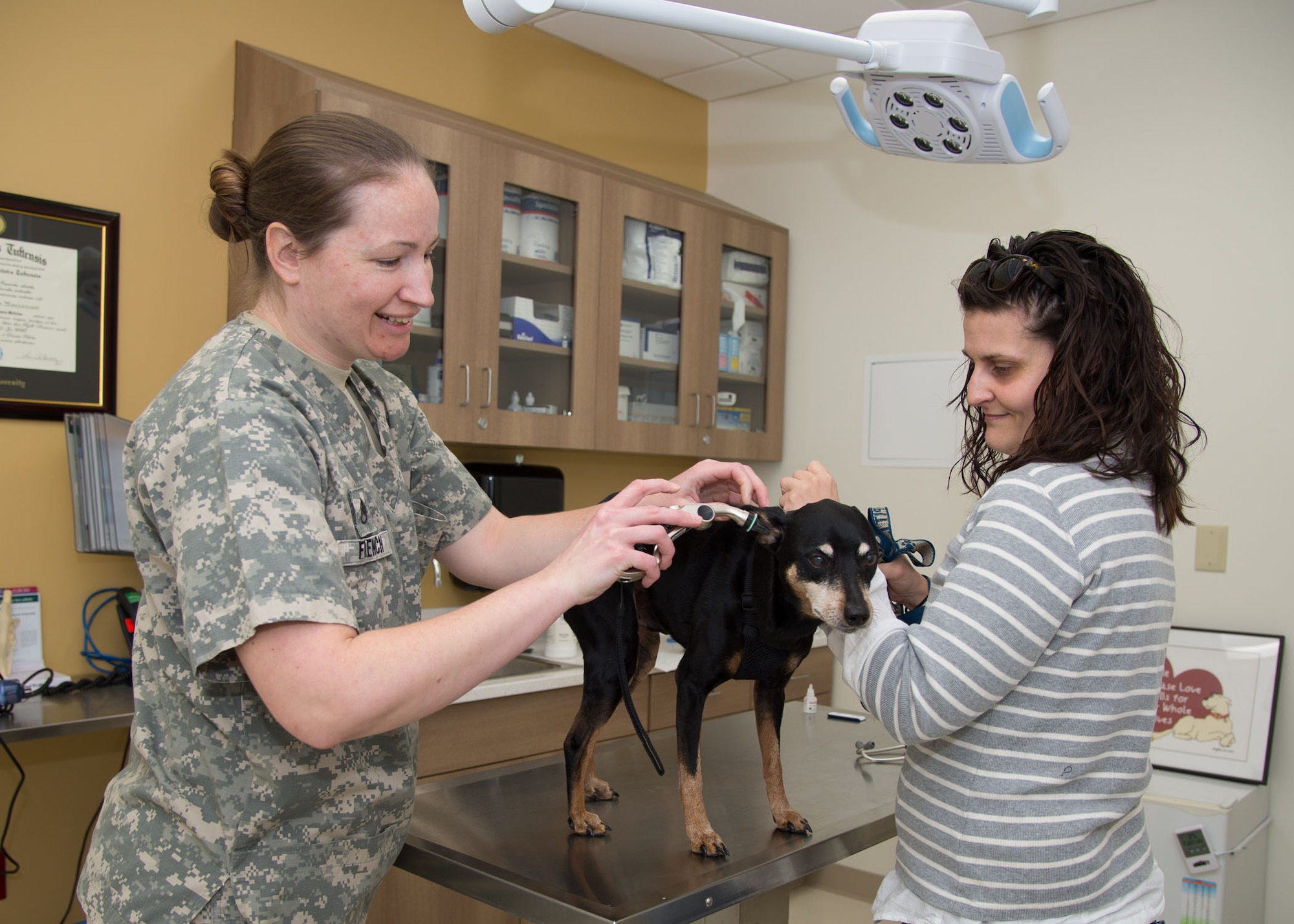 Staff Sgt. Vicki French, Hanscom Veterinary Treatment Facility animal care technician, performs a wellness check-up on a privately owned animal during a visit to the clinic Feb. 10, while the owner, Jackie Hritz, looks on. The Vet Clinic will host an open house Feb. 25 from 10 a.m. to 1 p.m. in Building 1217 following the completion of the clinic’s new facility on base. (U.S. Air Force photo by Mark Herlihy)