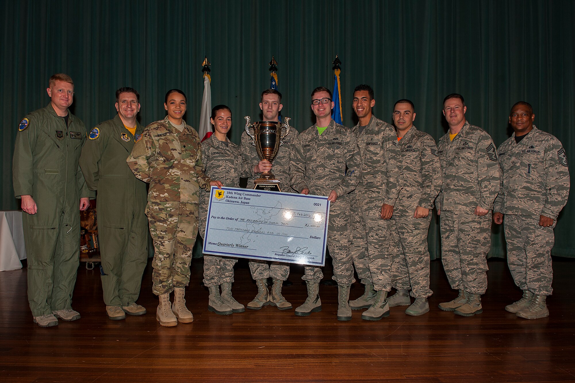Dorm 700 wins the annual Dorm Competition award Feb. 5, 2016, at Kadena Air Base, Japan. The dorm was recognized for this accomplishment during the Kadena Annual Awards ceremony. It was with the teamwork of the dorm and its leadership that this accomplishment was made possible. (U.S. Air Force photo by Airman 1st Class Corey M. Pettis)