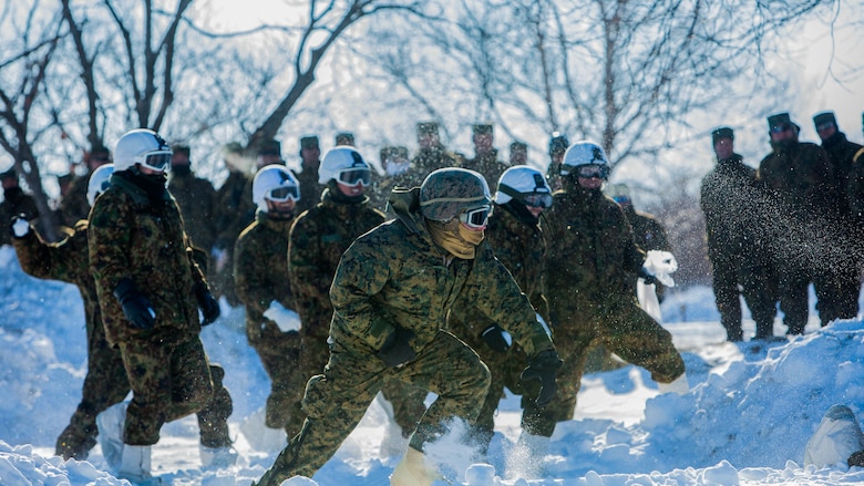 U.S. Marines and Japan Ground Self-Defense Force soldiers use cover to throw snowballs during a snowball fight championship for Forest Light 16-2 in Yausubetsu Training Area, Hokkaido, Japan, Jan. 31, 2016. Forest Light, a semi-annual exercise between the JGSDF and III Marine Expeditionary Force, strengthens military partnership, solidifies regional security agreements and improves individual and unit-level skills. The JGSDF soldiers are with the 27th Infantry Regiment, 5th Brigade, Northern Army. The Marines are with 3rd Battalion, 5th Marine Regiment currently assigned to 4th Marine Regiment, 3rd Marine Division, III MEF through the unit deployment program. 