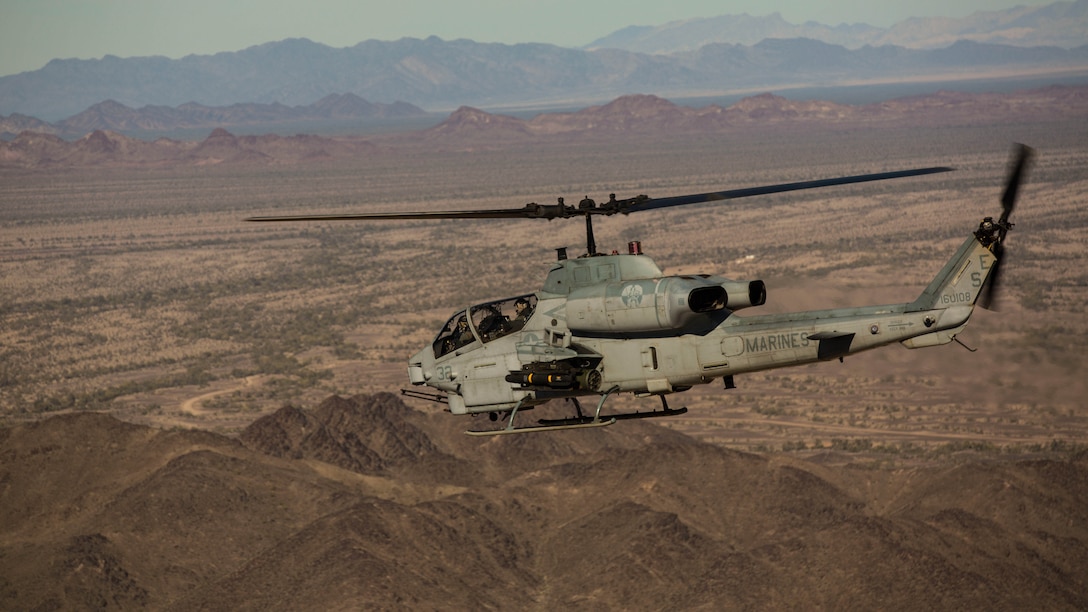 A AH-1Z “Viper” attack helicopter with Marine Light Attack Helicopter Squadron 469, based out of Marine Corps Air Station Camp Pendleton, Calif., provides close air support during exercise “Scorpion Fire” at the Chocolate Mountain Aerial Gunnery Range, Friday, Feb. 5, 2016.