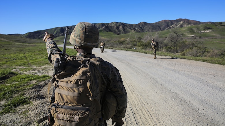 Cpl. Calvin Latimore, a launcher crewman, points his team toward their next objective during a combat endurance challenge Marine Corps Base Camp Pendleton, Calif. Feb. 5, 2016. The challenge consisted of hiking nearly seven miles, testing weapons systems, combat lifesaving skills, land navigation and simulated casualty evacuation. The Marines with Battery Q, 5th Battalion, 11th Marine Regiment conducted the training aboard MCB Camp Pendleton.