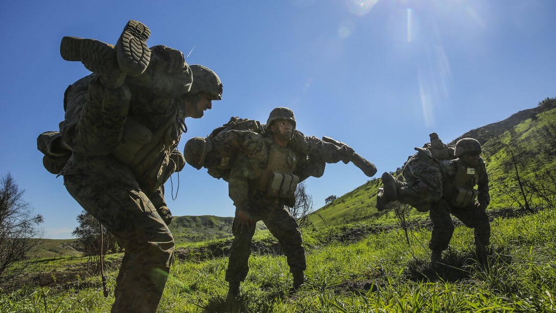 Marines perform buddy carries and other types of physical training during a combat endurance challenge at Marine Corps Base Camp Pendleton, Calif. Feb. 5, 2016. The challenge consisted of hiking nearly seven miles, testing weapons systems, combat lifesaving skills, land navigation and simulated casualty evacuation. The Marines with Battery Q, 5th Battalion, 11th Marine Regiment conducted the training aboard MCB Camp Pendleton. 
