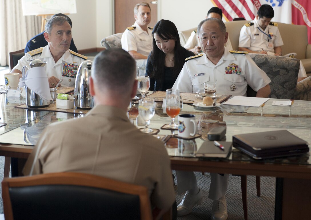 Marine Corps Gen. Joseph F. Dunford Jr., center, chairman of the Joint Chiefs of Staff; meets with Japanese Adm. Katsutoshi Kawano, right, chief of the joint staff for Japan Self-Defense Forces; and U.S. Navy Adm. Harry B. Harris Jr., commander of U.S. Pacific Command, before a trilateral meeting with South Korean Army Gen. Lee Sun-jin, chairman of the South Korean joint chiefs of staff, in Hawaii, Feb. 10, 2016. DoD photo by Navy Petty Officer 2nd Class Dominique A. Pineiro