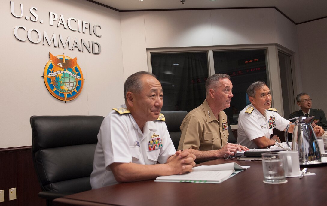 Marine Corps Gen. Joseph F. Dunford Jr., chairman of the Joint Chiefs of Staff, hosts a meeting with Japanese Adm. Katsutoshi Kawano, chief of the joint staff for Japan Self-Defense Forces; U.S. Navy Adm. Harry B. Harris Jr., commander of U.S. Pacific Command; and South Korean Army Gen. Lee Sun-jin, chairman of the South Korean joint chiefs of staff, in Hawaii, Feb. 10, 2016. DoD photo by Navy Petty Officer 2nd Class Dominique A. Pineiro