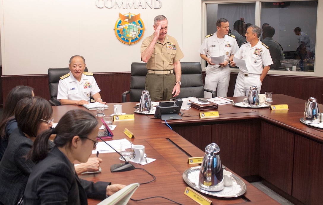Marine Corps Gen. Joseph F. Dunford Jr., chairman of the Joint Chiefs of Staff, salutes at the end of a meeting with South Korean Army Gen. Lee Sun-jin, chairman of the South Korean joint chiefs of staff; Japanese Adm. Katsutoshi Kawano, chief of the joint staff for Japan Self-Defense Forces; and U.S. Navy Adm. Harry B. Harris Jr., commander of U.S. Pacific Command, in Hawaii, Feb. 10, 2016. DoD photo by Navy Petty Officer 2nd Class Dominique A. Pineiro
