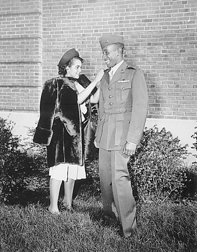 “The first Negro to be commissioned in the Marine Corps has his second lieutenant’s bars pinned on by his wife. He is Frederick C. Branch of Charlotte, NC.”, 