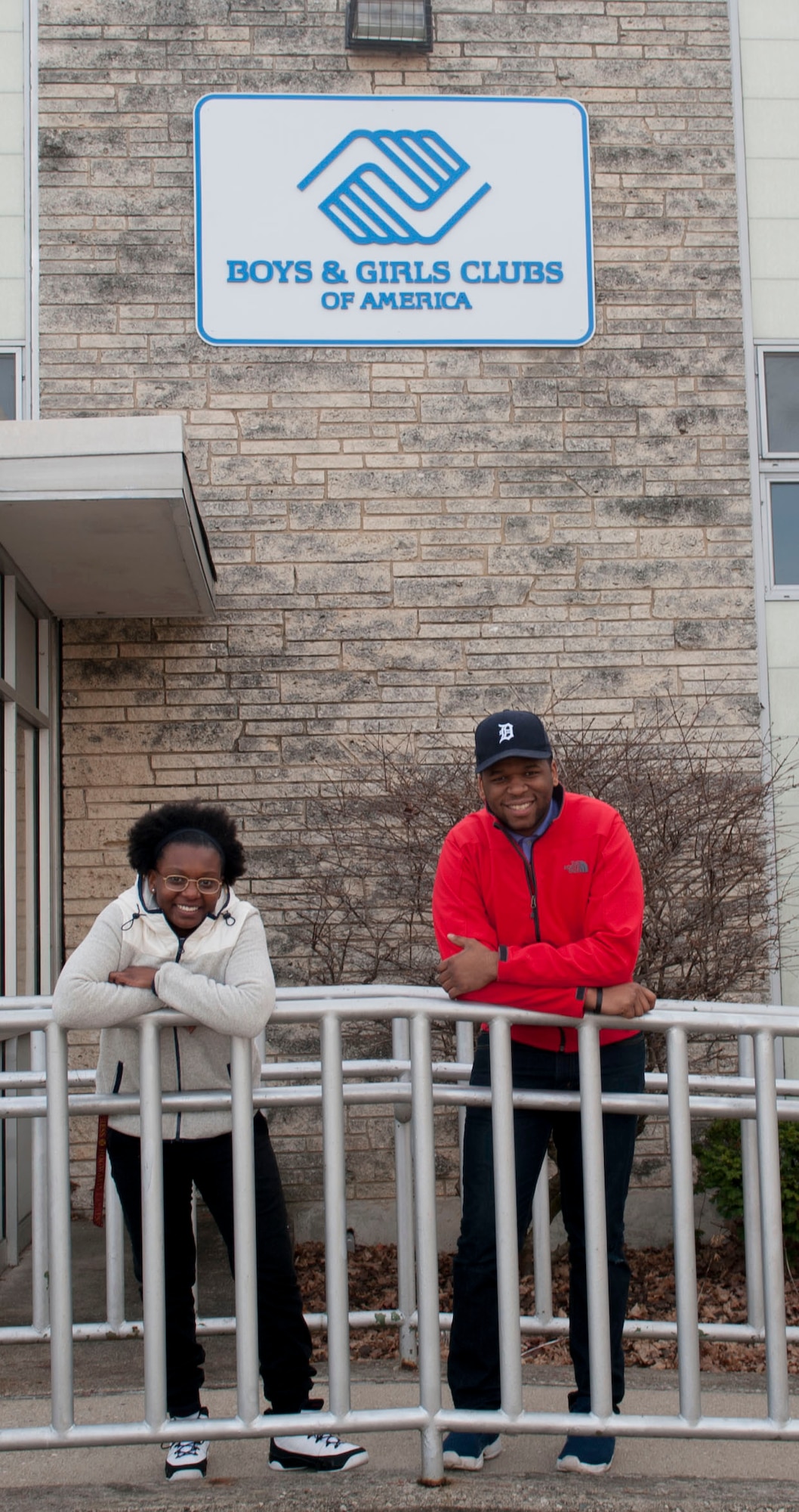 Senior Airman Ashley Adams and Senior Airman Nathan Dillard, members of the National Air and Space Intelligence Center, arrive at the Dayton, Ohio Boys and Girls Clubs of America Monday, Feb. 8, 2016 as part of the Justice Mentoring Program. The group sends five to eight members to volunteer every other Friday where they help area under-privileged children through mentoring and mediation. (U.S. Air Force photo by Senior Airman Samuel Earick)
