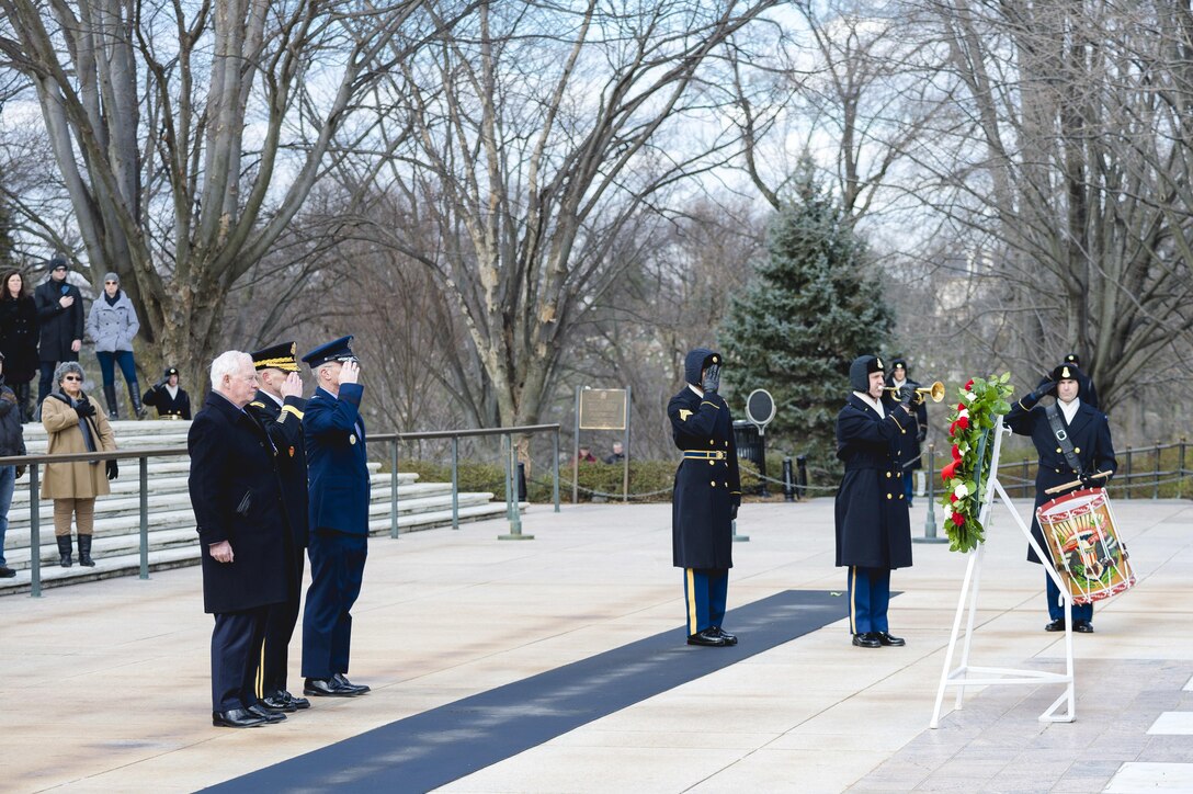 Air Force Gen. Paul J. Selva, right, vice chairman of the Joint Chiefs of Staff; Army Maj. Gen. Bradley A. Becker, commanding general of  Joint Force Headquarters National Capitol Region and the U.S. Army Military District of Washington; and Canadian Governor General David Johnston render honors during a wreath-laying ceremony at the Tomb of the Unknown Soldier at Arlington National Cemetery in Arlington, Va., Feb. 10, 2016. DoD photo by Army Staff Sgt. Sean K. Harp