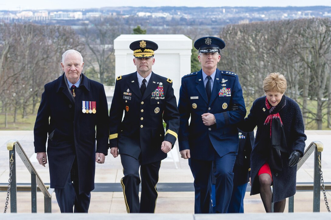 Left to right: Canadian Governor Genera David Johnston; Army Maj. Gen. Bradley A. Becker, commanding general of Joint Force Headquarters National Capitol Region and the U.S. Army Military District of Washington; Air Force Gen. Paul J. Selva, vice chairman of the Joint Chiefs of Staff; and Sharon Johnston walk up stairs after laying a wreath at the Tomb of the Unknown Soldier at Arlington National Cemetery in Arlington, Va., Feb. 10, 2016. DoD photo by Army Staff Sgt. Sean K. Harp