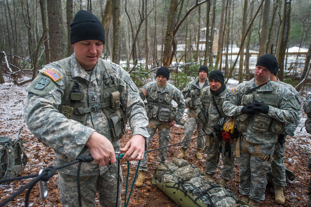 U.S. Army Sgt. 1st Class, Shane Frackell, a military mountaineering instructor assigned to 5th Ranger Training Battalion, demonstrates building a rope system to students during Basic Military Mountaineering Course at Camp Frank D. Merrill, Dahlonega, Ga., Jan. 21, 2016. The Basic Military Mountaineering Course trains Soldiers in the fundamental knowledge/skills required to successfully conduct small unit operations in mountainous terrain found throughout the world.(U.S. Army photo by Staff Sgt. Alex Manne/Released)