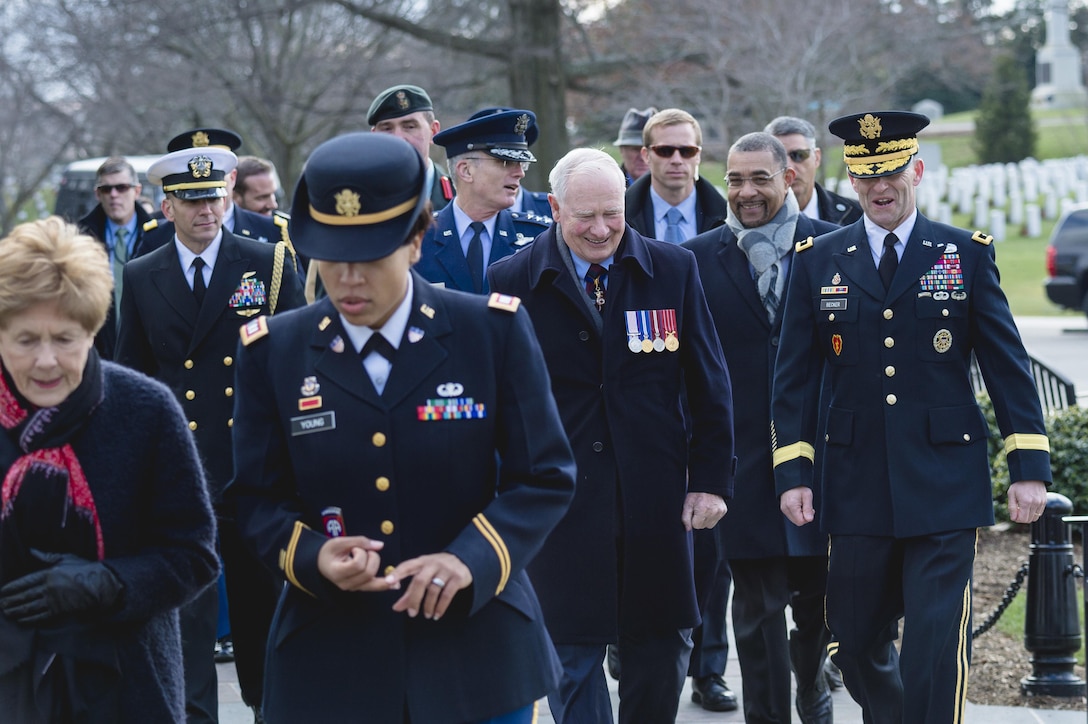 Air Force Gen. Paul J. Selva, center back, vice chairman of the Joint Chiefs of Staff; and Army Maj. Gen. Bradley A. Becker, commanding general of Joint Force Headquarters National Capitol Region and the U.S. Army Military District of Washington, walk with Canadian Governor General David Johnston at Arlington National Cemetery in Arlington, Va., Feb. 10, 2016. DoD photo by Army Staff Sgt. Sean K. Harp