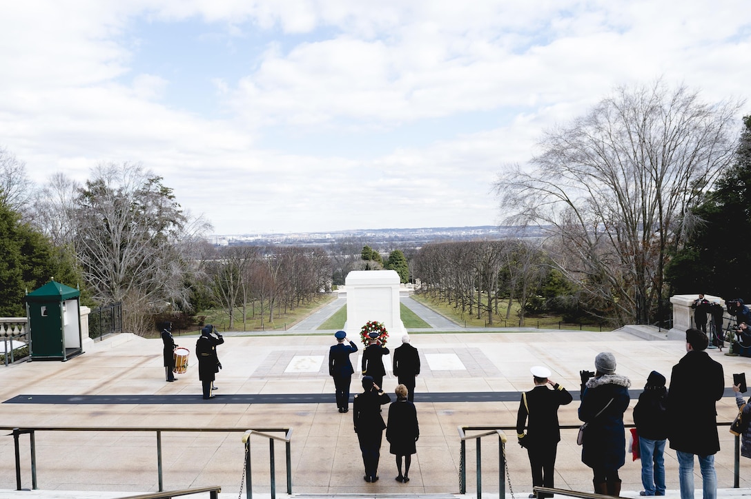Air Force Gen. Paul J. Selva, left, vice chairman of the Joint Chiefs of Staff; Army Maj. Gen. Bradley A. Becker, commanding general of Joint Force Headquarters National Capitol Region and the U.S. Army Military District of Washington; and Canadian Governor General David Johnston render honors during a wreath-laying ceremony at the Tomb of the Unknown Soldier at Arlington National Cemetery in Arlington, Va., Feb. 10, 2016. DoD photo by Army Staff Sgt. Sean K. Harp