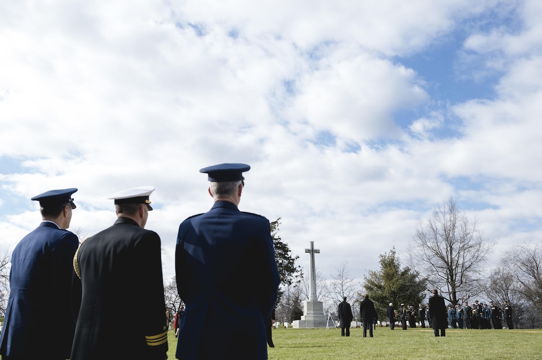Air Force Gen. Paul J. Selva, right, vice chairman of the Joint Chiefs of Staff, and Joint Staff members observe a wreath-laying ceremony at the Canadian Cross of Sacrifice at Arlington National Cemetery in Arlington, Va., Feb. 10, 2016. DoD photo by Army Staff Sgt. Sean K. Harp