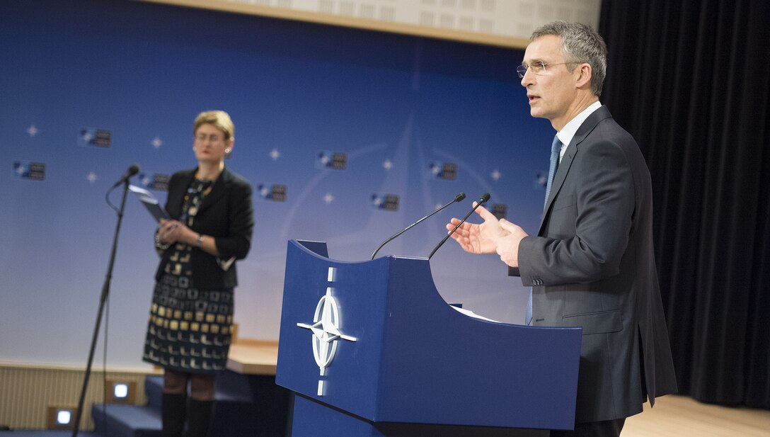NATO Secretary General Jens Stoltenberg speaks to the media at NATO headquarters in Brussels, Feb. 11, 2016, following the meeting of NATO defense ministers. NATO photo