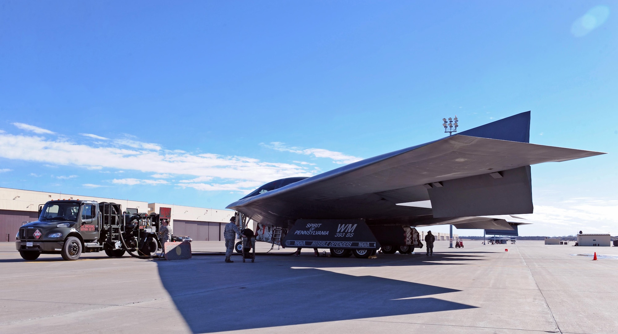Airmen with the 509th Logistics Readiness Squadron fuels section fuel a B-2 Spirit between flights at Whiteman Air Force Base, Mo., Feb. 2, 2016, during Red Flag (RF) 16-1 exercise. RF, held at Nellis AFB, Nev., is a realistic combat training exercise involving the air, space and cyber forces of the U.S. and its allies. (U.S. Air Force photo by Tech. Sgt. Miguel Lara III)