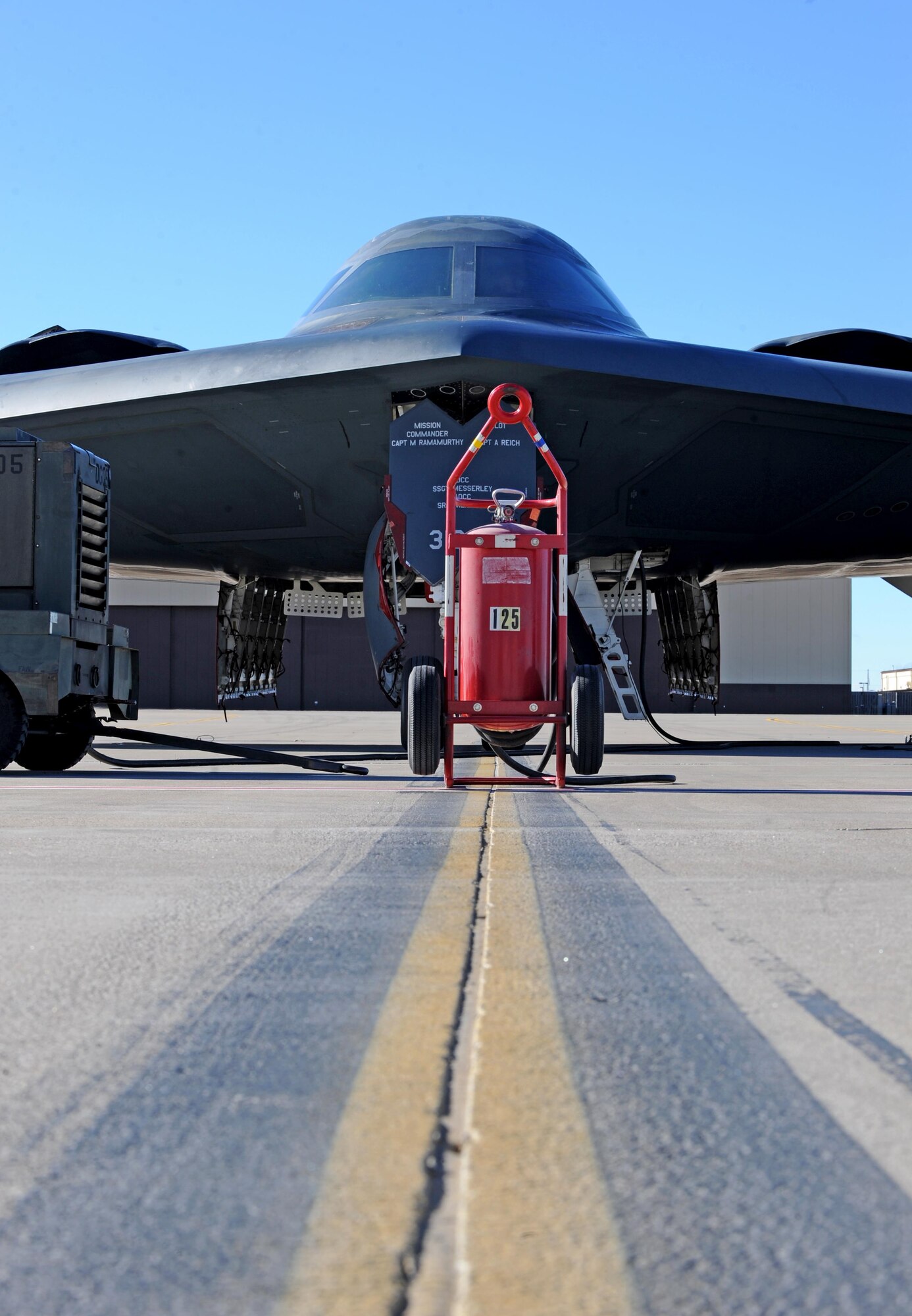 A B-2 Spirit aircraft sits on the flightline between flights at Whiteman Air Force Base, Mo., Feb. 2, 2016. The B-2 is participating in Red Flag (RF) 16-1 exercise, held at Nellis AFB, Nev. RF is a realistic combat exercise involving U.S. and allied air forces conducting training operations on the 15,000 square mile Nevada Test and Training Range. (U.S. Air Force photo by Tech. Sgt. Miguel Lara III)