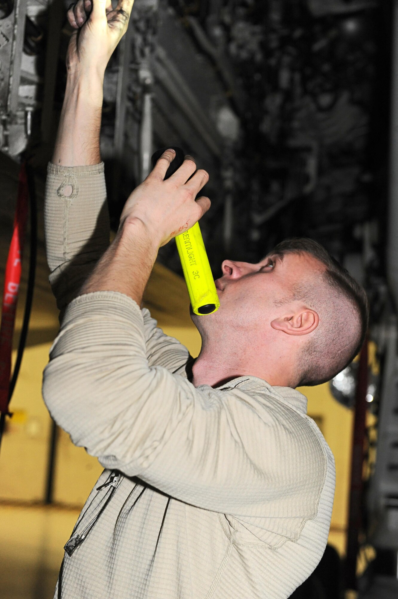 U.S. Air Force Staff Sgt. Spencer Thrasher, a 509th Aircraft Maintenance Squadron dedicated crew chief, inspects the brake hydraulic lines on a B-2 aircraft during a quick-turn inspection at Whiteman Air Force Base, Mo., Feb. 2, 2016, prior to a mission during Red Flag (RF) 16-1 exercise. RF is held at Nellis AFB, Nev., and is a realistic combat training exercise that provides a heavily-contested and degraded operational environment to prepare crews for possible major combat operations. (U.S. Air Force photo by Tech. Sgt. Miguel Lara III)