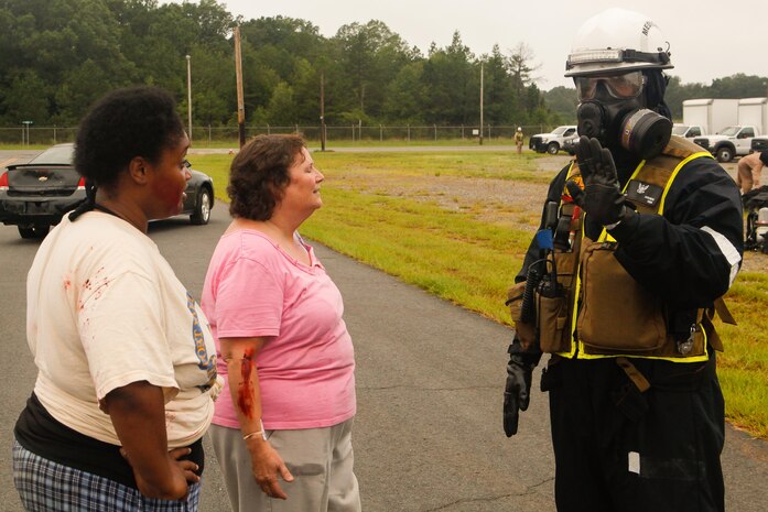 Marines and Sailors with Chemical Biological Incident Response Force (CBIRF), U.S. Marine Corps Forces Command (MARFORCOM), take part in exercise Scarlet Response 2015 at the Guardian Centers in Perry, Ga., July 21 – 24, 2015. The exercise tested all the specific skills the unit possesses to respond to an incident of chemical, biological, radiological, nuclear or high-yield explosive (CBRNE) event. (U.S. Marine Corps photo by Sgt. Jonathan Herrera/Released) 
