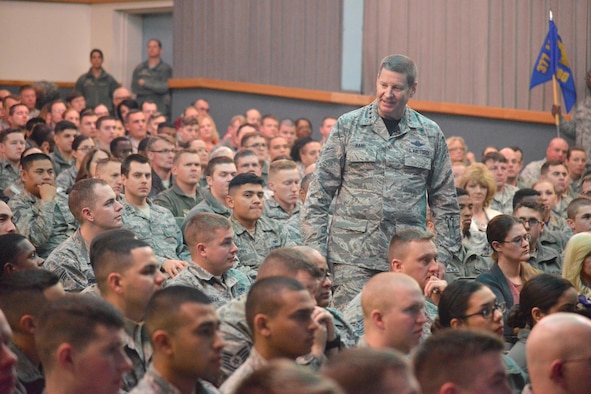 Gen. Robin Rand, Air Force Global Strike Command commander, hosts a commander’s call at the Base Theater during a visit to Kirtland Feb. 5. The general spoke about his three priorities of mission, Airmen and families, and he encouraged Airmen to support these priorities by building themselves on a foundation of the Air Force core values. 