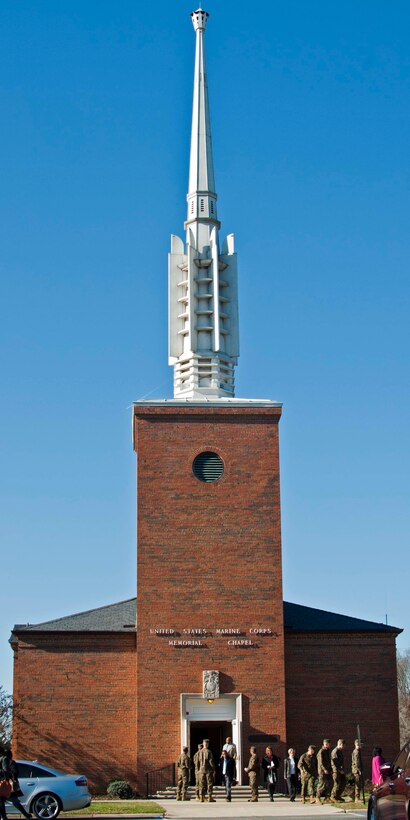 The outside of the chapel holds a beauty of its own, but inside the chapel one can see beautiful window etchings showcasing the history of the Marine Corps.