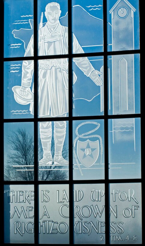 This window is dedicated to WWI. A dove of peace stands on top of the clock, whose face shows 11 o’clock and the outline of France symbolizes the end of the Great World War on Nov. 11, 1918.