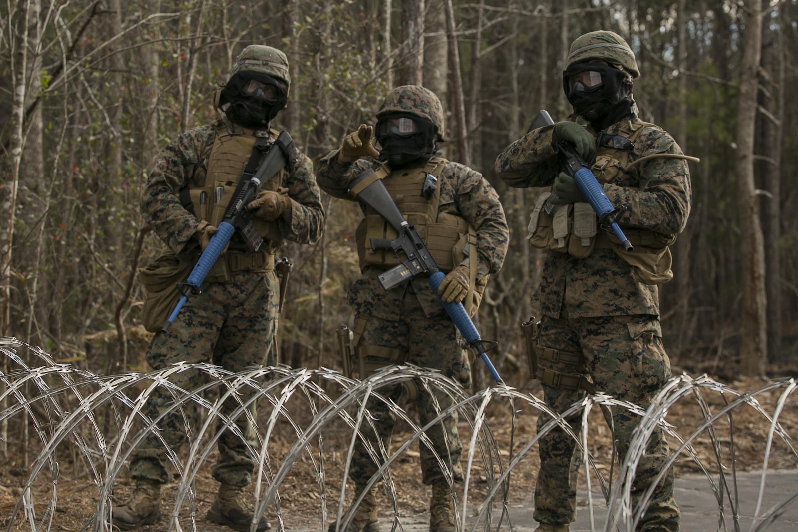 Marines with 2nd Law Enforcement Battalion prepare to confront possible hostiles at Camp Lejeune, N.C., Feb. 9, 2016. This kind of training allows 2nd LEB to develop and practice all the capabilities that the unit brings to the Marine Expeditionary Unit. The obstacles that they faced included rugged environments, improvised explosive devices and ambushes by the enemy. (U.S. Marine Corps photo by Lance Cpl. Luke Hoogendam/Released)