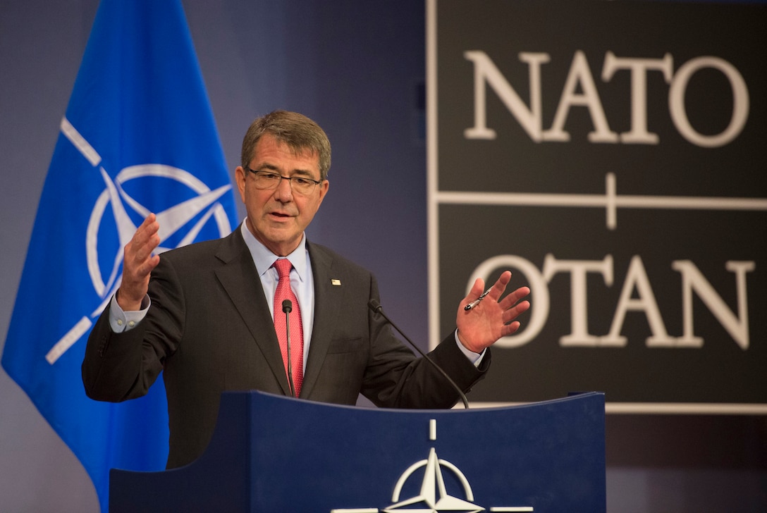 Defense Secretary Ash Carter speaks with reporters during a press conference at NATO headquarters in Brussels, Feb. 11, 2016, Secretary Carter met with defense ministers of countries contributing to the coalition fighting the Islamic State of Iraq and the Levant. DoD photo by Air Force Senior Master Sgt. Adrian Cadiz