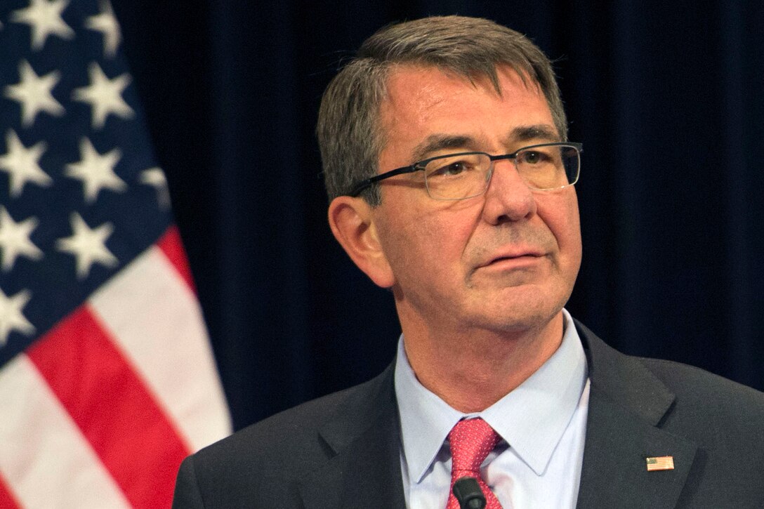 Defense Secretary Ash Carter speaks with reporters at NATO headquarters in Brussels, Feb. 11, 2016, after meeting with defense ministers of countries contributing to the coalition fighting the Islamic State of Iraq and the Levant. DoD photo by Air Force Senior Master Sgt. Adrian Cadiz


