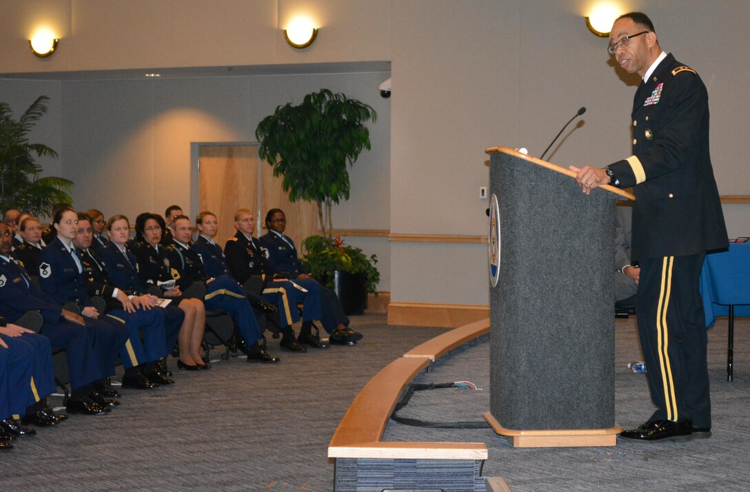 Maj. Gen. A.C. Roper delivers the keynote address during the Equal Opportunity Advisors Reserve Component Course graduation ceremony at the Defense Equal Opportunity Management Institute, Patrick Air Force Base, Fla., Feb. 5, 2016.