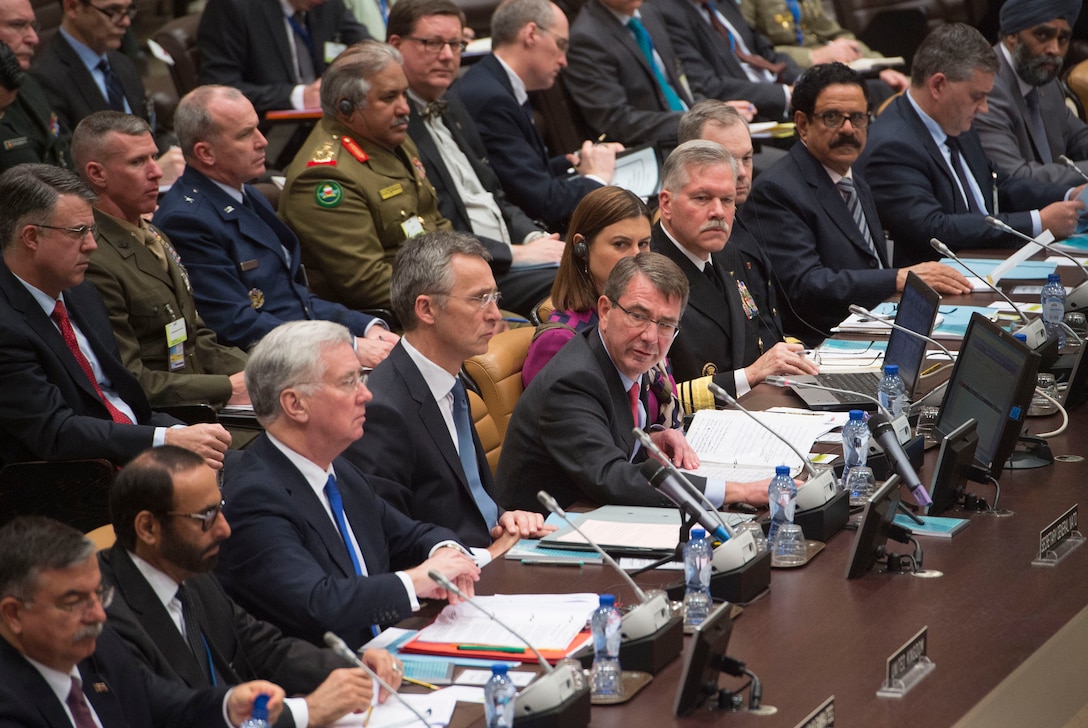 Defense Secretary Ash Carter addresses efforts to accelerate the counter-ISIL operation in Iraq and Syria during a meeting he hosted at NATO headquarters in Brussels, Feb. 11, 2016. DoD photo by U.S. Air Force Senior Master Sgt. Adrian Cadiz