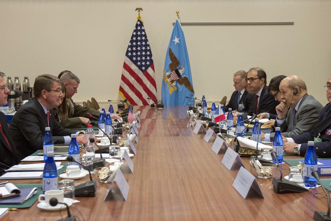 Defense Secretary Ash Carter, second from left, meets with French Defense Minister Jean-Yves Le Drian, second from right, at NATO headquarters in Brussels, Feb. 11, 2016, to discuss matters of mutual importance. DoD photo by Air Force Senior Master Sgt. Adrian Cadiz