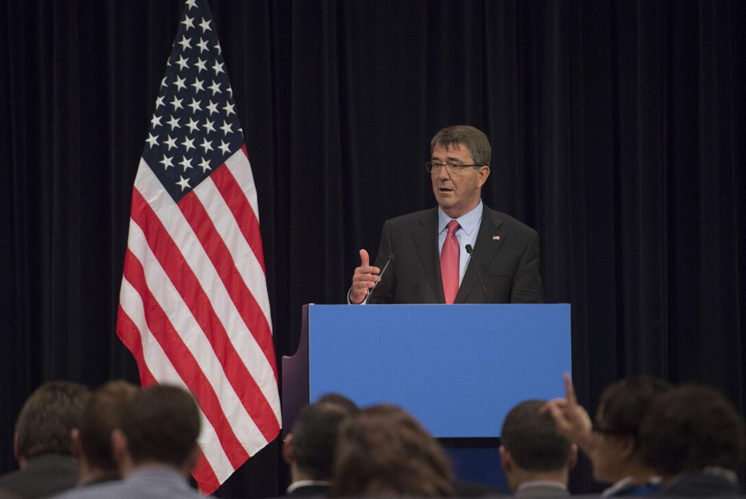 Defense Secretary Ash Carter speaks with reporters at NATO headquarters in Brussels, Feb. 11, 2016, after meeting with defense ministers of countries contributing to the coalition fighting the Islamic State of Iraq and the Levant. DoD photo by Air Force Senior Master Sgt. Adrian Cadiz