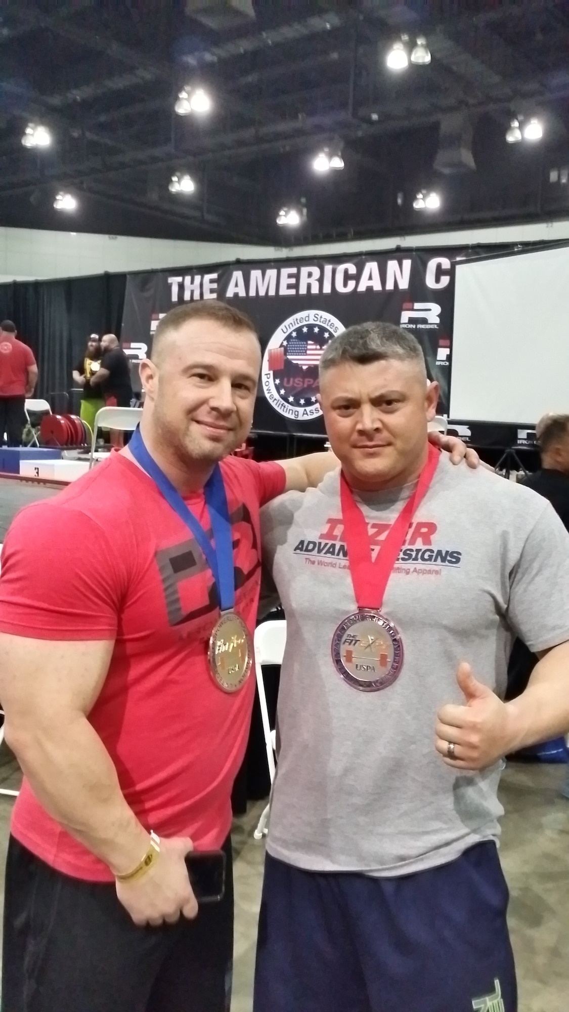 Tech. Sgt. Benjamin O’Brien, right, 56th Equipment Maintenance Squadron assistant section chief, poses with elite powerlifter Garrett Griffin at the 2016 United States Powerlifting Association American Cup in Los Angeles. O’Brien placed second in the open raw single-lift bench press event with an Arizona record-breaking bench press of 473 pounds.