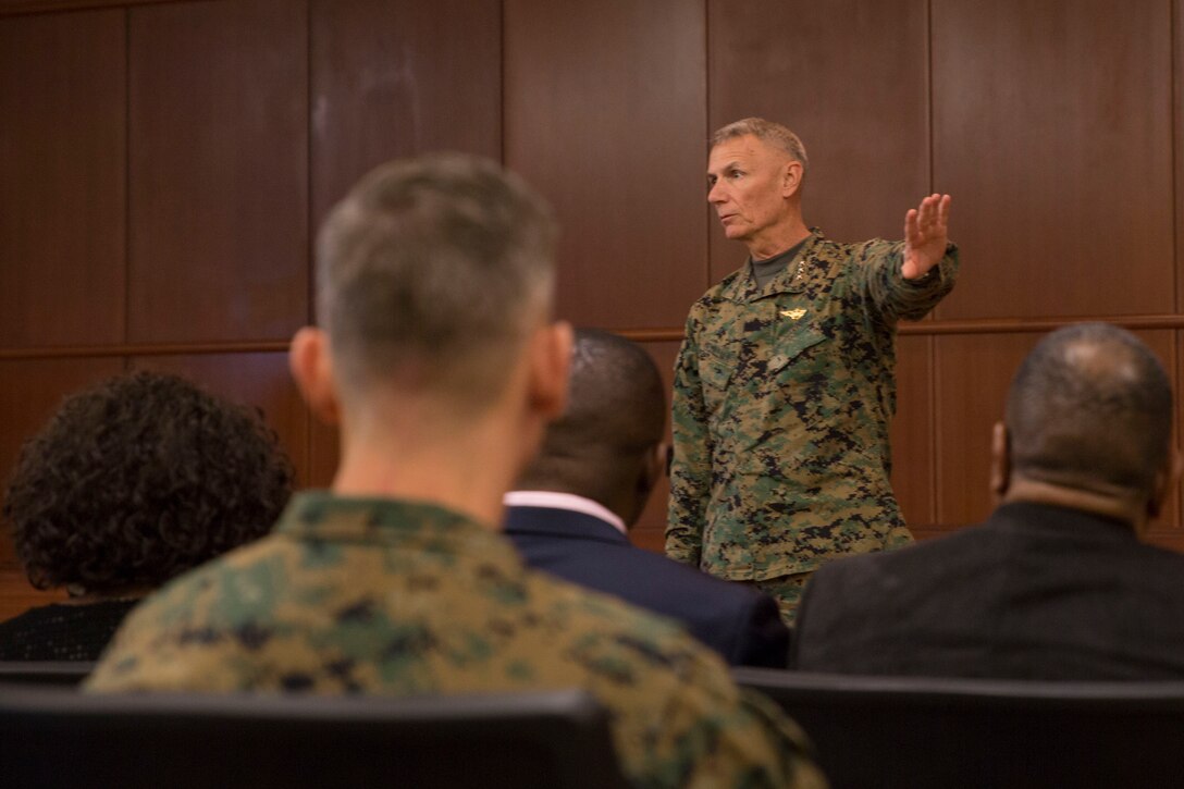 Lt. Gen. Rex C. McMillian, commander of Marine Forces Reserve, addresses the crowd at Marine Corps Support Facility New Orleans during the Civilian of the Year award ceremony, Feb. 5, 2016. McMillian spoke about what it takes to become the Civilian of the Year. (U.S. Marine Corps photo by Lance Cpl. Melissa Martens/ Released) 