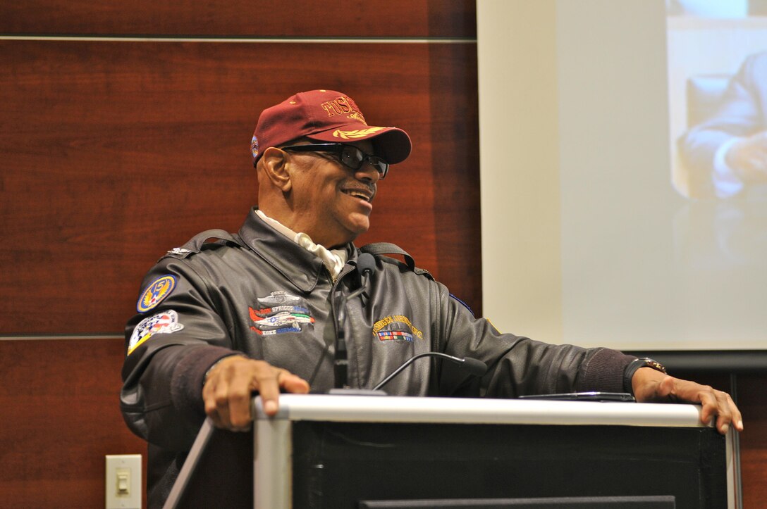 ‘Uncle’ Ron Spriggs speaks about the Tuskegee Airmen during the 63rd Regional Support Command’s Black History Month Celebration, Feb. 10, in the headquarters auditorium, Mountain View, Calif. Spriggs is an Air Force veteran and founder of the Ron Spriggs Exhibit of Tuskegee Airmen (RSETA), and tours the nation teaching the history of the famous airmen, the first black aviators in U.S. military history during World War II.