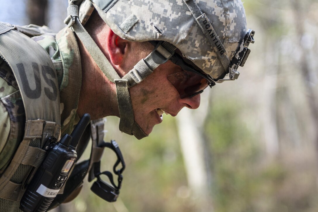 Army Drill Sergeant, Staff Sgt. Waylon Scantling, C Company, 1st Battalion, 61st Infantry Regiment, provides purpose, motivation and direction to a group of Soldiers in basic combat training out on the Victory Forge field training exercise at Forth Jackson, S.C., Feb. 10, 2016. Victory Forge is the culminating event prior to graduation for Soldiers in basic combat training at Fort Jackson. At Victory Forge, Soldiers are tested and evaluated on everything they have learned in in the weeks prior to the FTX. (U.S. Army photo by Sgt. 1st Class Brian Hamilton)