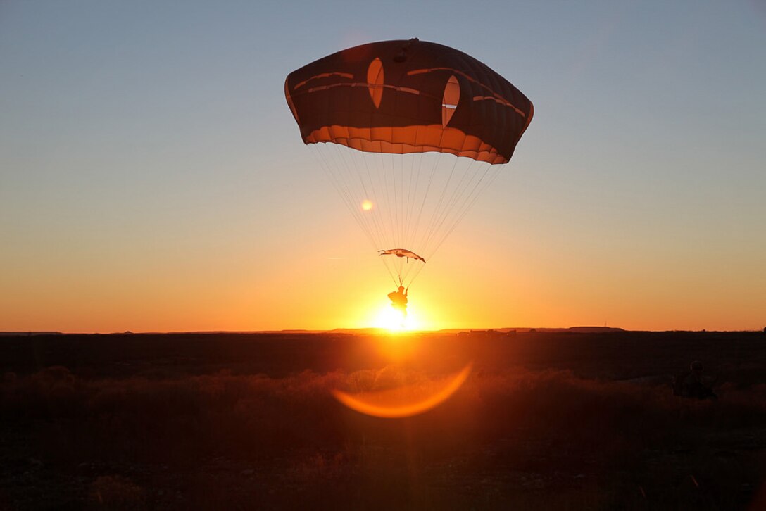 An Army paratrooper conducts airborne operations on Fort Hood, Texas, Feb. 9, 2016. The paratrooper is assigned to the 1st Brigade Combat Team, 82nd Airborne Division. Army photo by Staff Sgt. Javier Orona