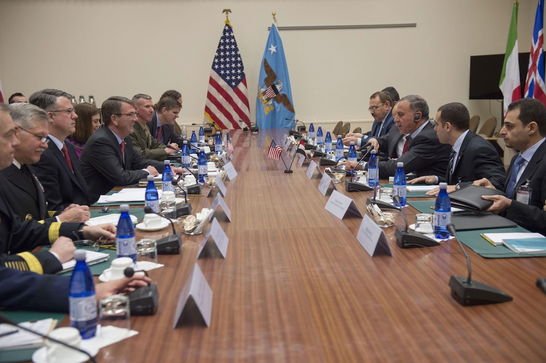 Defense Secretary Ash Carter, center left, meets with Iraqi Defense Minister Khalid Yassin al-Obeidi, third from right, at NATO headquarters in Brussels, Feb. 11, 2016, to discuss matters of mutual importance. DoD photo by U.S. Air Force Senior Master Sgt. Adrian Cadiz