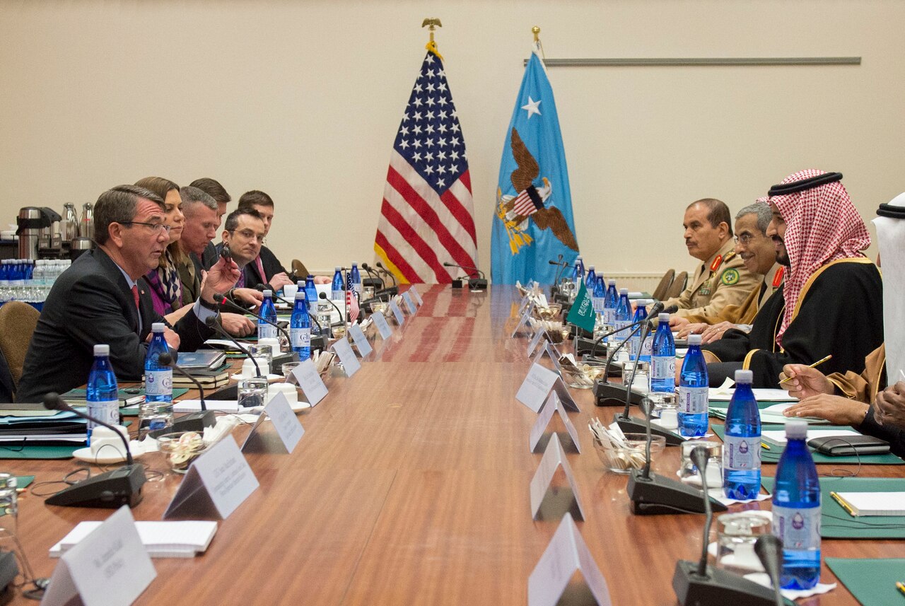 Defense Secretary Ash Carter, left, meets with Saudi Arabian Defense Minister Mohammad bin Salman, right, at NATO headquarters in Brussels to discuss matters of mutual importance, Feb. 11, 2016. DoD photo by Air Force Senior Master Sgt. Adrian Cadiz