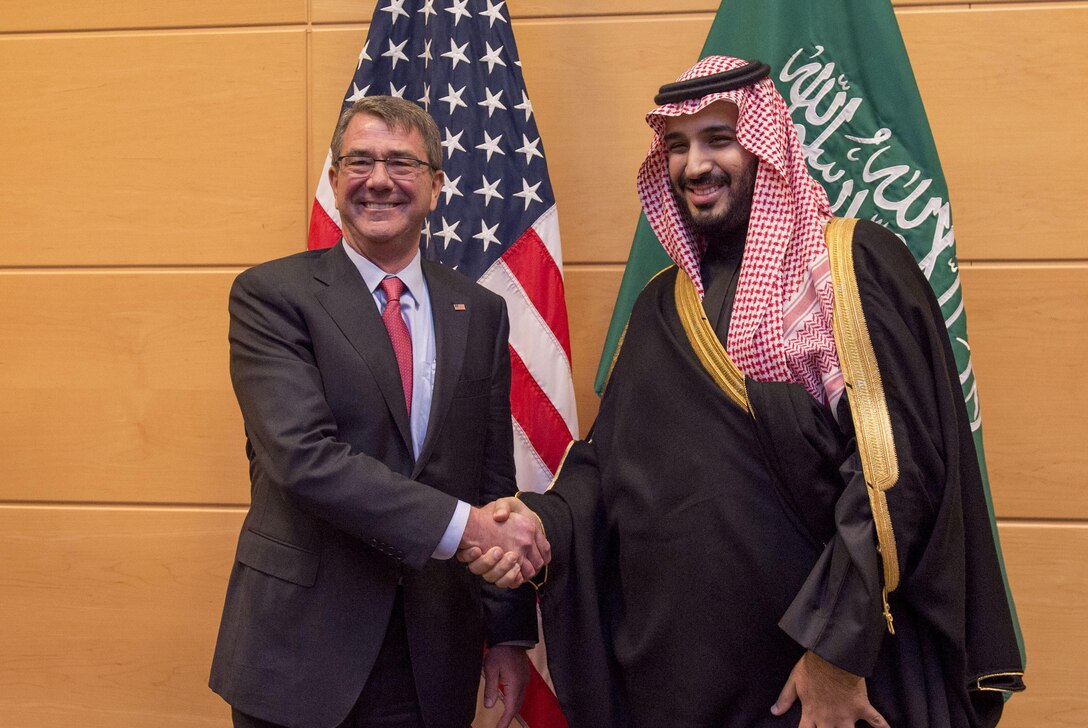 Defense Secretary Ash Carter, left, poses for a photo with Saudi Defense Minister Mohammad bin Salman at NATO headquarters in Brussels, Feb. 11, 2016. DoD photo by Air Force Senior Master Sgt. Adrian Cadiz