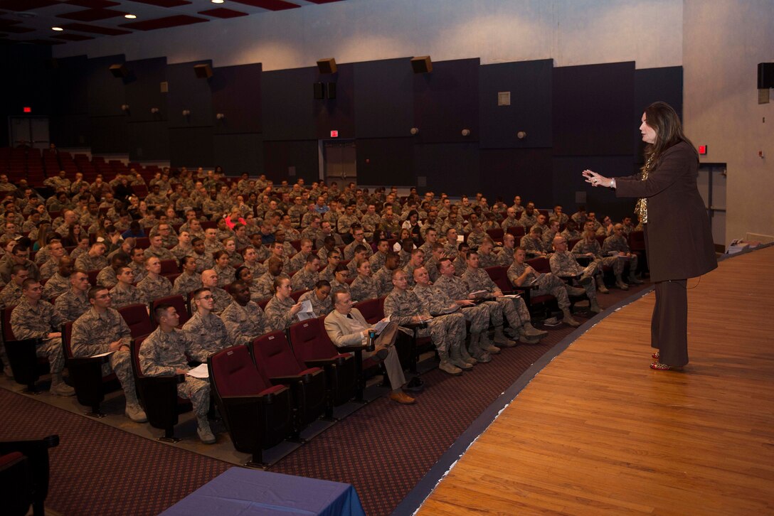Ellie Kay visited Sheppard Air Force Base, Texas, to talk to Airmen about financial responsibility and money management, Feb. 11, 2016. Kay, along with Rod Griffin, director of public education for Experian, Ingrid Bruns, director of military life advice and Bethany Grace, director of communications for Heroes at Home, shared their experiences and professional advice for being financially fit. (U.S. Air Force photo/Senior Airman Kyle Gese)