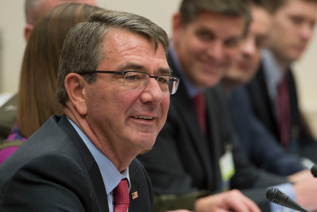 Defense Secretary Ash Carter meets  with Saudi Defense Minister Mohammad bin Salman (not pictured) at NATO headquarters in Brussels, Feb. 11, 2016, to discuss matters of mutual importance. DoD photo by Air Force Senior Master Sgt. Adrian Cadiz