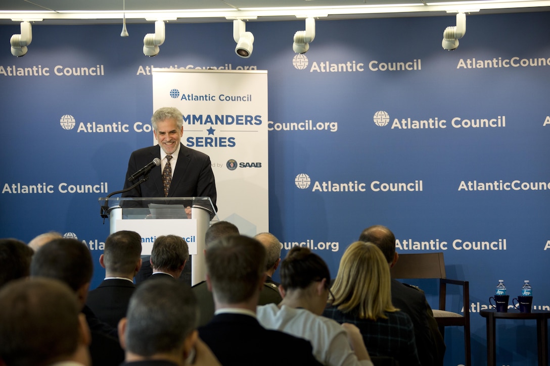 Brent Scowcroft Center Director Barry Pavel speaks at the Atlantic Council, Washington, D.C., Feb. 11, 2016. Pavel introduced and welcomed the public during the Council's commanders series. (U.S. Marine Corps photo by Staff Sgt. Gabriela Garcia/Released)
