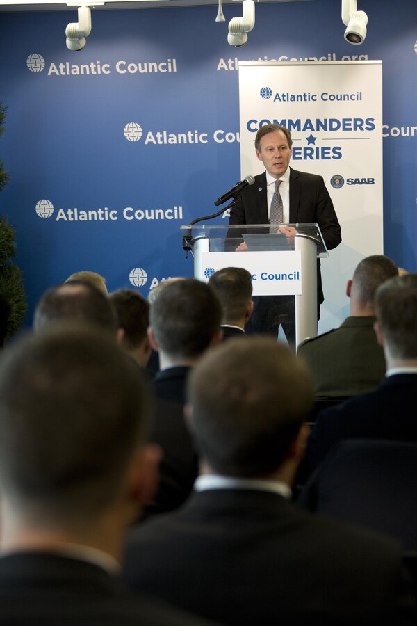 Michael Anderson, Saab North America president and chief executive officer, speaks at the Atlantic Council, Washington, D.C., Feb. 11, 2016. Anderson introduced Commandant of the Marine Corps Gen. Robert B. Neller during the Council's commanders series. (U.S. Marine Corps photo by Staff Sgt. Gabriela Garcia/Released)