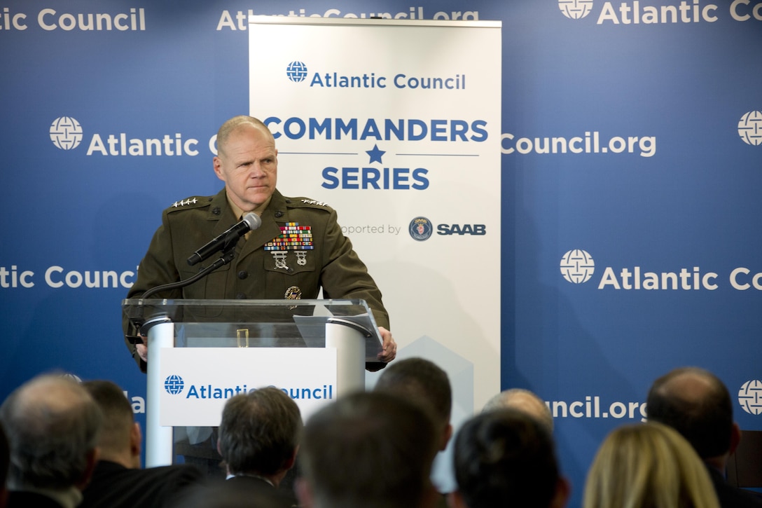 Commandant of the Marine Corps Gen. Robert B. Neller speaks at the Atlantic Council, Washington, D.C., Feb. 11, 2016. Neller discussed the current state, future, and priorities of the Marine Corps. (U.S. Marine Corps photo by Staff Sgt. Gabriela Garcia/Released)