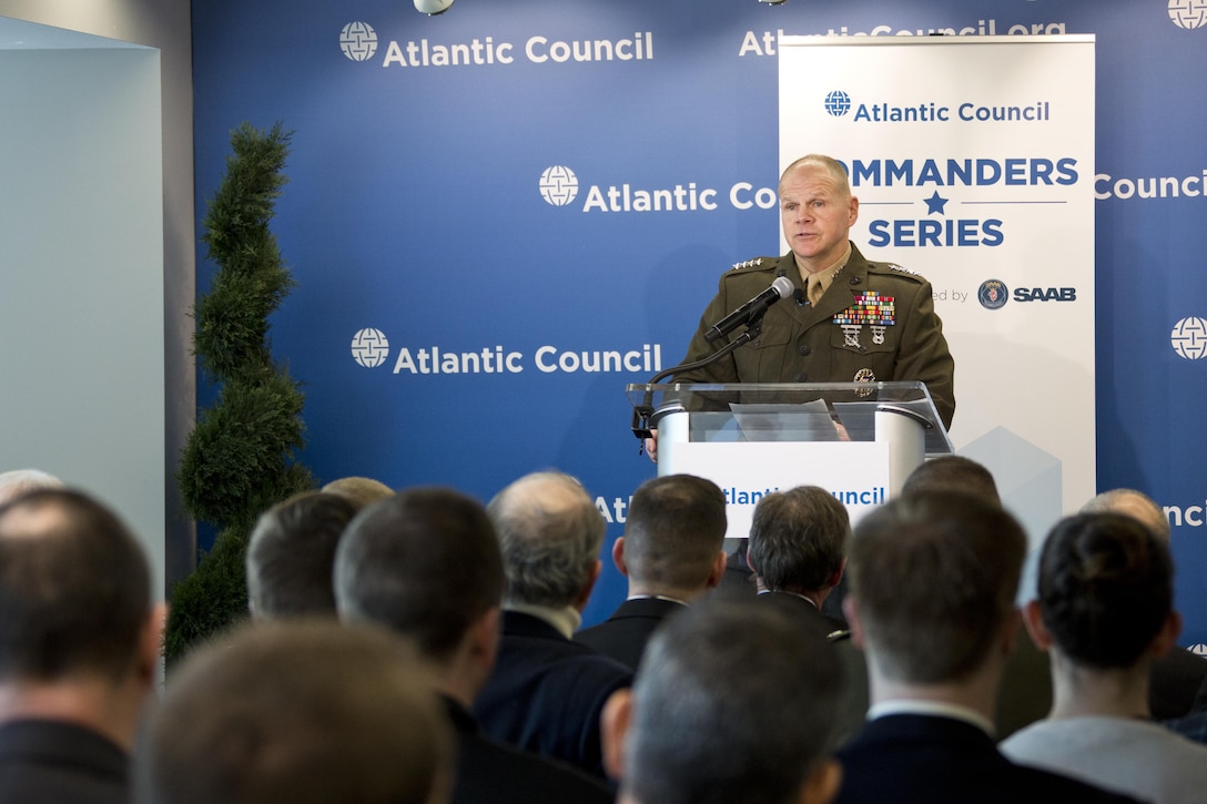 Commandant of the Marine Corps Gen. Robert B. Neller speaks at the Atlantic Council, Washington, D.C., Feb. 11, 2016. Neller discussed the current state, future, and priorities of the Marine Corps. (U.S. Marine Corps photo by Staff Sgt. Gabriela Garcia/Released)