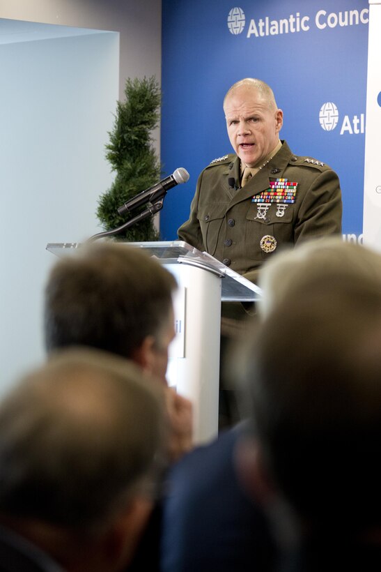 Commandant of the Marine Corps Gen. Robert B. Neller speaks at the Atlantic Council, Washington, D.C., Feb. 11, 2016. Neller discussed the current state, future, and priorities of the Marine Corps. (U.S. Marine Corps photo by Staff Sgt. Gabriela Garcia/Released)