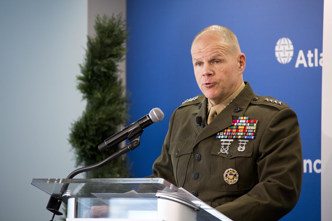 Commandant of the Marine Corps Gen. Robert B. Neller speaks at the Atlantic Council, Washington, D.C., Feb. 11, 2016. Neller discussed the current state, future, and priorities of the Marine Corps. (U.S. Marine Corps photo by Staff Sgt. Gabriela Garcia/Released)