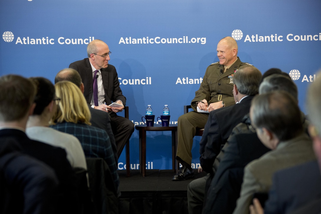 Commandant of the Marine Corps Gen. Robert B. Neller, right, speaks with Dan De Luce, Foreign Policy's chief national security correspondent, at the Atlantic Council, Washington, D.C., Feb. 11, 2016. Neller discussed the current state, future, and priorities of the Marine Corps. (U.S. Marine Corps photo by Staff Sgt. Gabriela Garcia/Released)